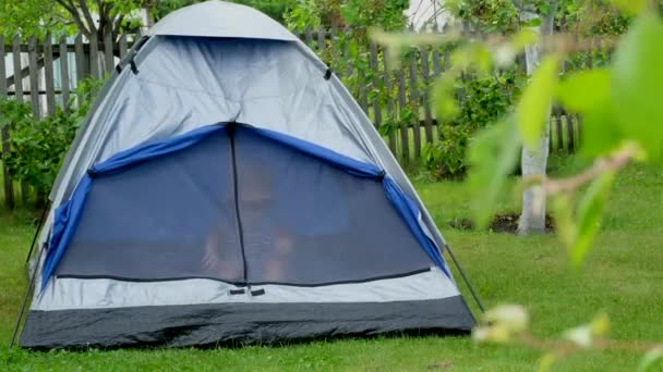 Kleine Jongen Camping Zomer Kind Speelt Een Tent — Stockvideo