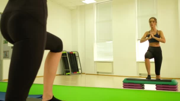 Atlética mujer en ropa deportiva está haciendo sentadillas ejercicios en el gimnasio. — Vídeos de Stock