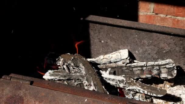 炉中的火在燃烧.在煤块上煮肉. — 图库视频影像