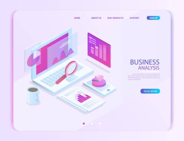 iş analiz sistemi, izometrik kavramı mavi ışık. Bilgisayar laptop ve grafik ekran vardır. vektör çizim
