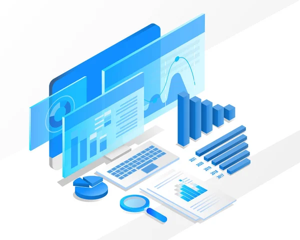Geschäftsanalyse System Isometrisches Blaulichtkonzept Gibt Computer Laptop Und Diagramm Bildschirm — Stockvektor