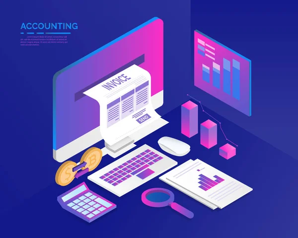 Sistema Contabilidad Concepto Luz Azul Isométrica Hay Computadora Portátil Factura — Vector de stock