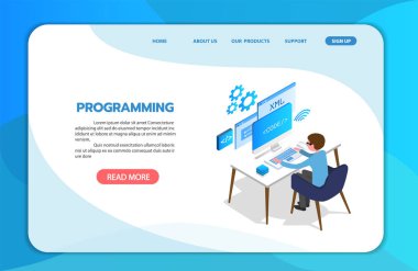 programlama Web geliştirme izometrik kavramı, tablo, dizüstü bilgisayar ve beyaz arka plan ekranlarda sanal Web sitesi üzerinde çalışan programcı. vektör çizim
