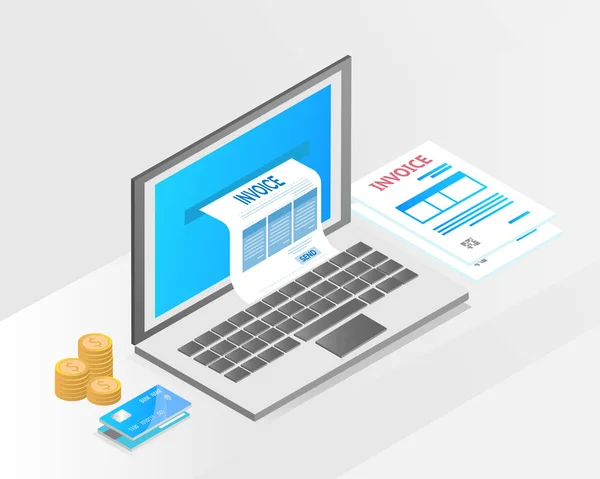 Sistema Contable Concepto Isométrico Hay Computadora Portátil Factura Impuestos Tarjeta — Archivo Imágenes Vectoriales