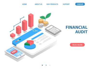 iş finans sistemi, izometrik kavramı. çubuk grafik, para sikke, mobil ödeme, web sayfası ve pasta grafiği vardır. vektör çizim