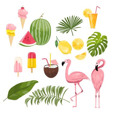 yaz simgeleri seti, dondurma, içecekler, palmiye yaprakları, meyve ve fla