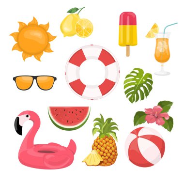 yaz simgeleri seti, dondurma, içecekler, palmiye yaprakları, meyve ve fla