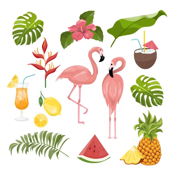 Conjunto de iconos de verano, helados, bebidas, hojas de palma, frutas y fla — Vector de stock