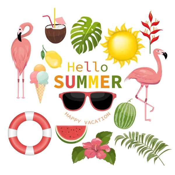 Conjunto de ícones de verão, sorvete, bebidas, folhas de palma, frutas e fla — Vetor de Stock