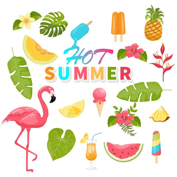 Conjunto de iconos de verano, helados, bebidas, hojas de palma, frutas y fla — Vector de stock