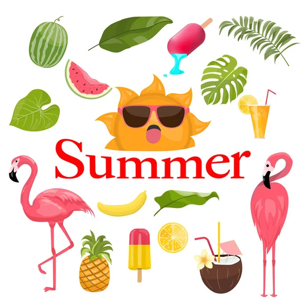 Набор летних икон, мороженое, напитки, пальмовые листья, фрукты и фла — стоковый вектор