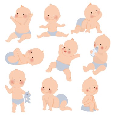 Sevimli bebek ya da yürümeye başlayan çocuk örneğin ayakta, ağlama, oturma, emekleme, ağlama ve beyaz arka plan üzerinde izole oynarken pozlar. vektör illüstrasyon