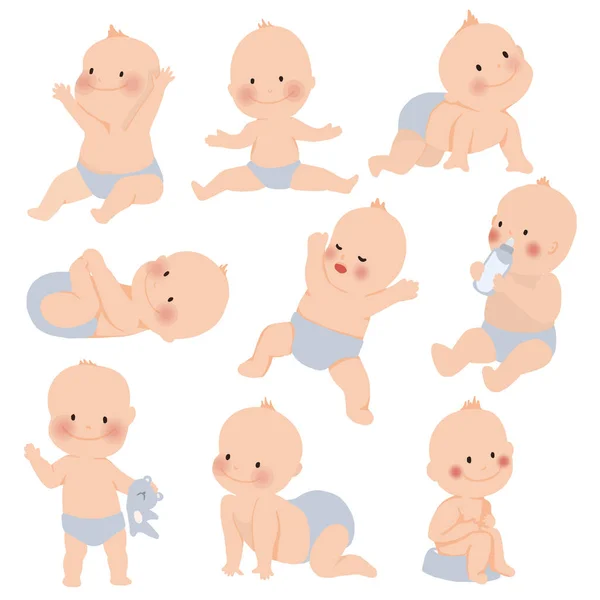 Cute Baby Toddler Boy Various Poses Example Standing Crying Sitting — Stock Vector