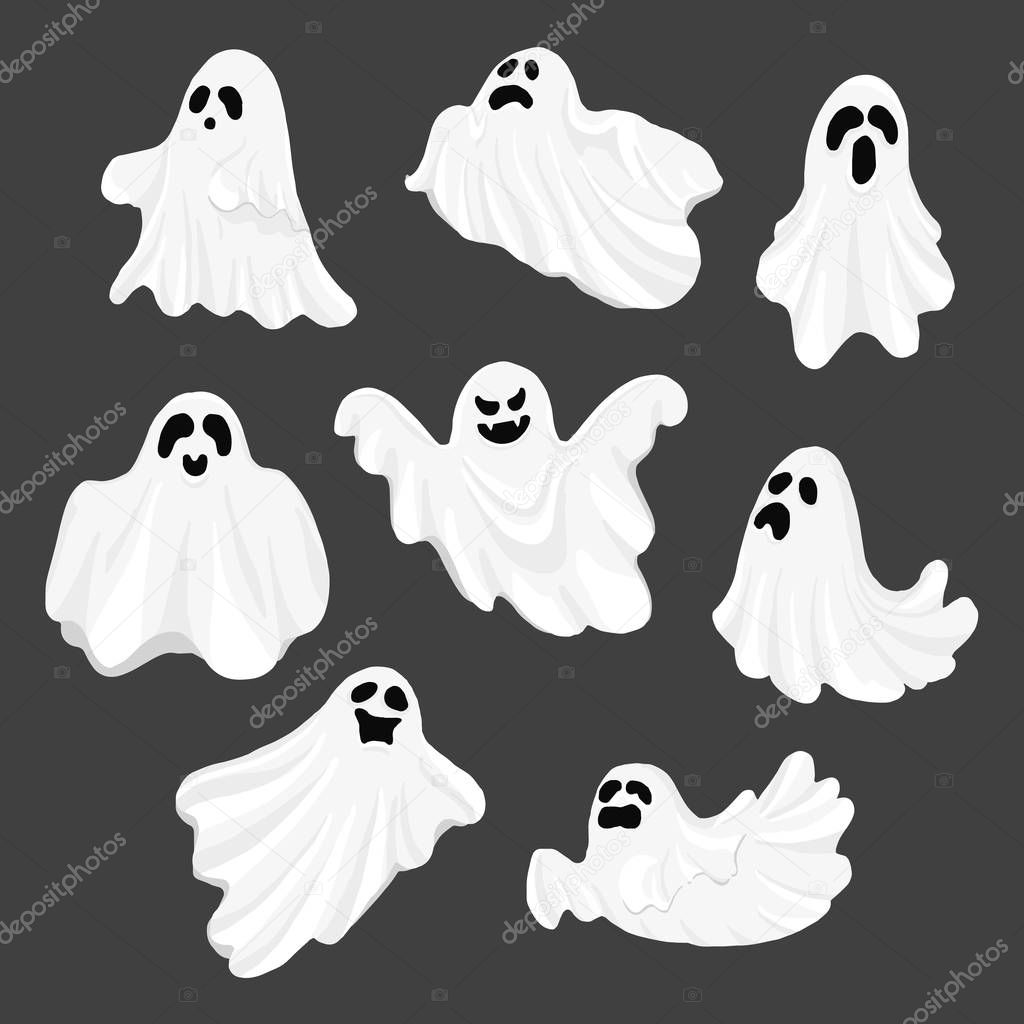 Whisper Ghost cartoon isolated on dark background. character Costume evil or Character creepy funny cute. Party celebrate Halloween night holiday. Set Vector Illustration. 