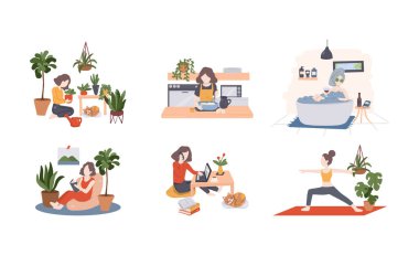 Karantina, ev kavramında kalın - insanlar evlerinde, odalarında ya da dairelerinde oturuyorlar, yoga yapıyorlar, çalışıyorlar ya da evden öğreniyorlar, meditasyondan keyif alıyorlar, kanepede dinleniyorlar, kitap okuyorlar, yemek pişiriyorlar ve kaplıcalara gidiyorlar. vektör illüstrasyonu