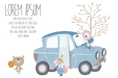 Araba, ayı, fox, aslan ve ağaç ile şirin pastel tebrik kartı