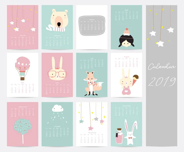 Colorful Cute Monthly Calendar 2019 Star Bear Girl Balloon Rabbit — стоковый вектор