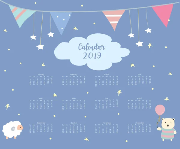 Colorful Cute Monthly Calendar 2019 Bear Sheep Flag Can Used — стоковый вектор