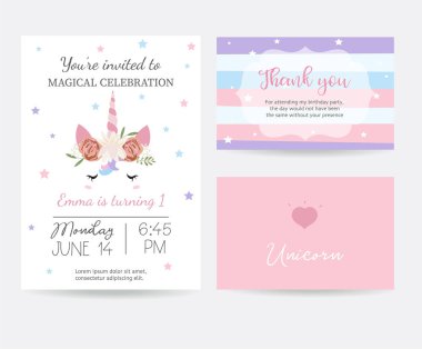 Tek boynuzlu at head, çelenk ve kalp ile el çekilmiş şirin kart