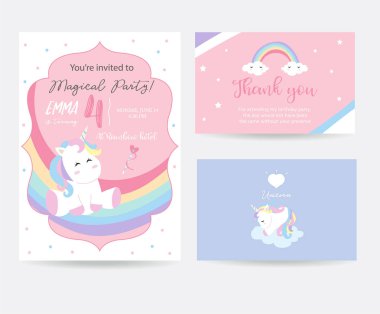 Tek boynuzlu at head, gökkuşağı ve kalp ile el çekilmiş şirin kart