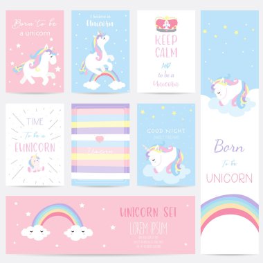 El çekilmiş şirin kart tek boynuzlu at, kalp, taç, gökkuşağı ve yıldız ile