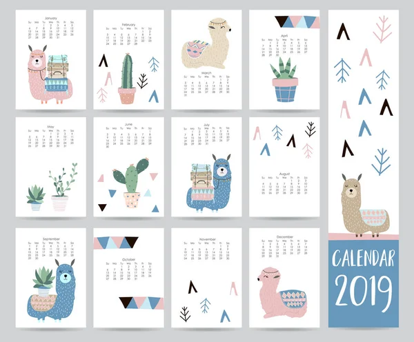 Cute Monthly Calendar 2019 Llama Luggage Cactus Geometrical Children Can — Stock Vector