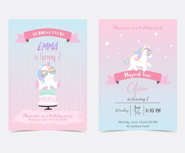 Pembe mavi kart ve etiket uyku tek boynuzlu at, gökkuşağı, yıldız, kek, gözlük ile el çekilmiş