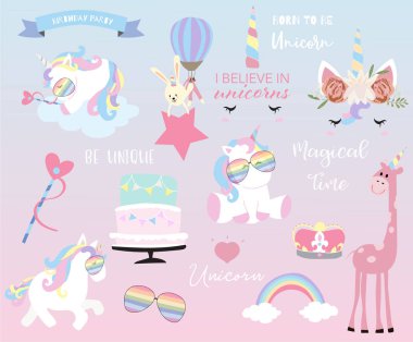 Elle çizilmiş öğe uyku tek boynuzlu at, kalp, yıldız, Gözlük, pasta, bayrak, gökkuşağı, tavşan, zürafa ve taç ile