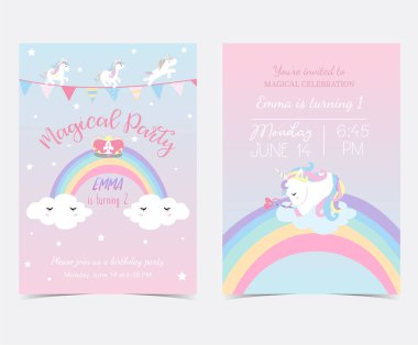 Pembe mavi kart ve etiket uyku tek boynuzlu at, bayrak, gökkuşağı, bulut, yıldız ve taç el çekilmiş