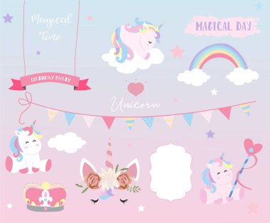 El çizilmiş öğe ile uyku tek boynuzlu at, kalp, bayrak, gökkuşağı, bulut, yıldız ve taç