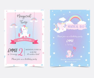 Pembe mavi kart ve etiket uyku tek boynuzlu at, şerit, gökkuşağı, bulut ve yıldız ile el çekilmiş