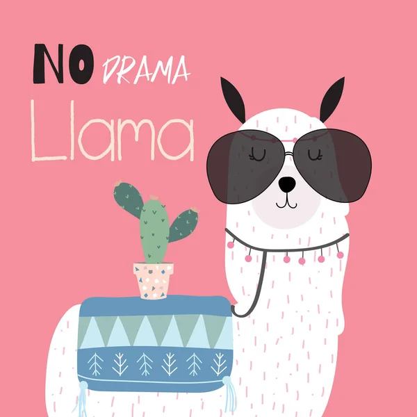 Tarjeta Linda Dibujada Mano Con Llama Gafas Cactus Llama Drama — Archivo Imágenes Vectoriales