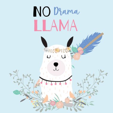 El şirin kart Lama, ok, çelenk, çiçek, yaprak ile çekilmiş. Yok drama Lama