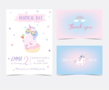 El çekilmiş şirin kart tek boynuzlu at, gökkuşağı, yıldız ve gözlük