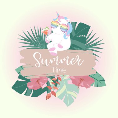 Tebrik kartı ile tek boynuzlu at, yaprak, çiçek yaz aylarında seyahat