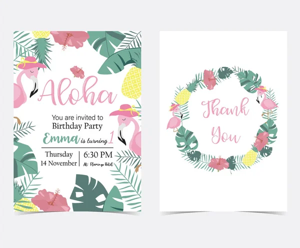 Green Pink Invitation Card Plam Pineapple Hibiscus Flamingo Banana Leaf — Stock Vector