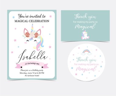 El tek boynuzlu at, baş, gökkuşağı, yıldız ve şerit ile çizilmiş şirin kart. Teşekkür ederiz