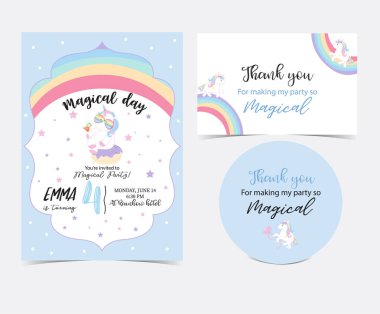 El tek boynuzlu at, çörek, gökkuşağı, yıldız ve gözlük ile çizilmiş şirin kart. Teşekkür ederiz