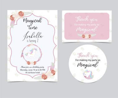 Pembe tek boynuzlu at, çelenk ve çiçek ile çizilmiş şirin kart ver. Teşekkür ederiz