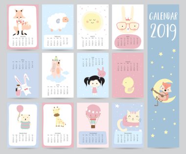 Şirin aylık takvim 2019 ile fox, koyun, moon, tavşan, kız, ayı, zürafa, balon ve çocuklar için kedi. Web, afiş, poster, etiket için kullanılır ve yazdırılabilir olabilir