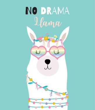 Mavi yeşil el Lama, yaz aylarında kalp gözlük ile çizilmiş şirin kart. Yok drama Lama