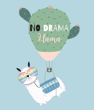 Mavi yeşil yaz aylarında Lama, Gözlük, kaktüs balon ile çizilmiş şirin kart ver. Yok drama Lama