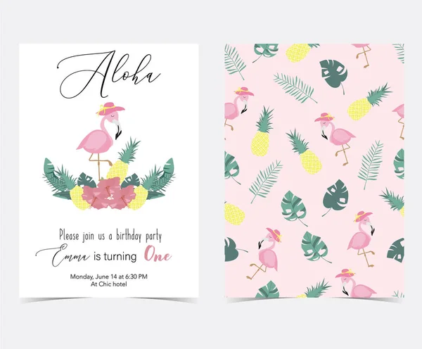 绿色粉红色邀请卡与棕榈 火烈鸟 香蕉叶和花在夏天 — 图库矢量图片