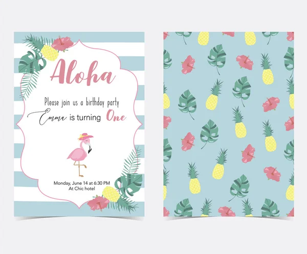 Green Pink Invitation Card Palm Pineapple Hibiscus Flamingo Banana Leaf — стоковый вектор