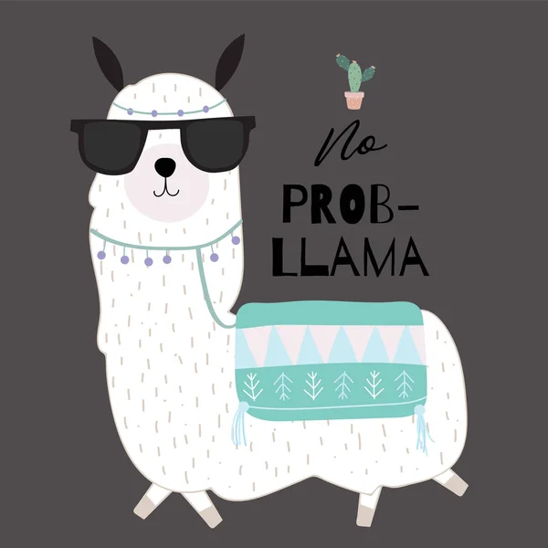 Black Green Hand Drawn Cute Card Llama Glasses Cactus Summer — стоковый вектор