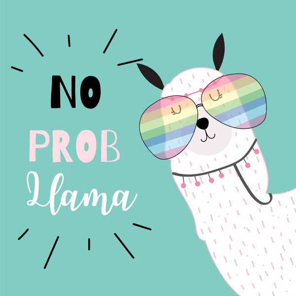 Blue green hand drawn cute card with llama,glasses in summer.No prob llama