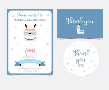 Mavi el çekilmiş şirin kart Lama ve gözlük ile