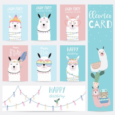 Mavi pembe el Lama, gözlük ve şapka ile çizilmiş şirin kart