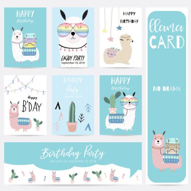 Mavi pembe el Lama, Gözlük, kaktüs ve şapka ile çizilmiş şirin kart