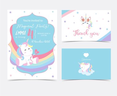 El tek boynuzlu at, baş, gökkuşağı, yıldız ve şerit ile çizilmiş şirin kart. Teşekkür ederiz